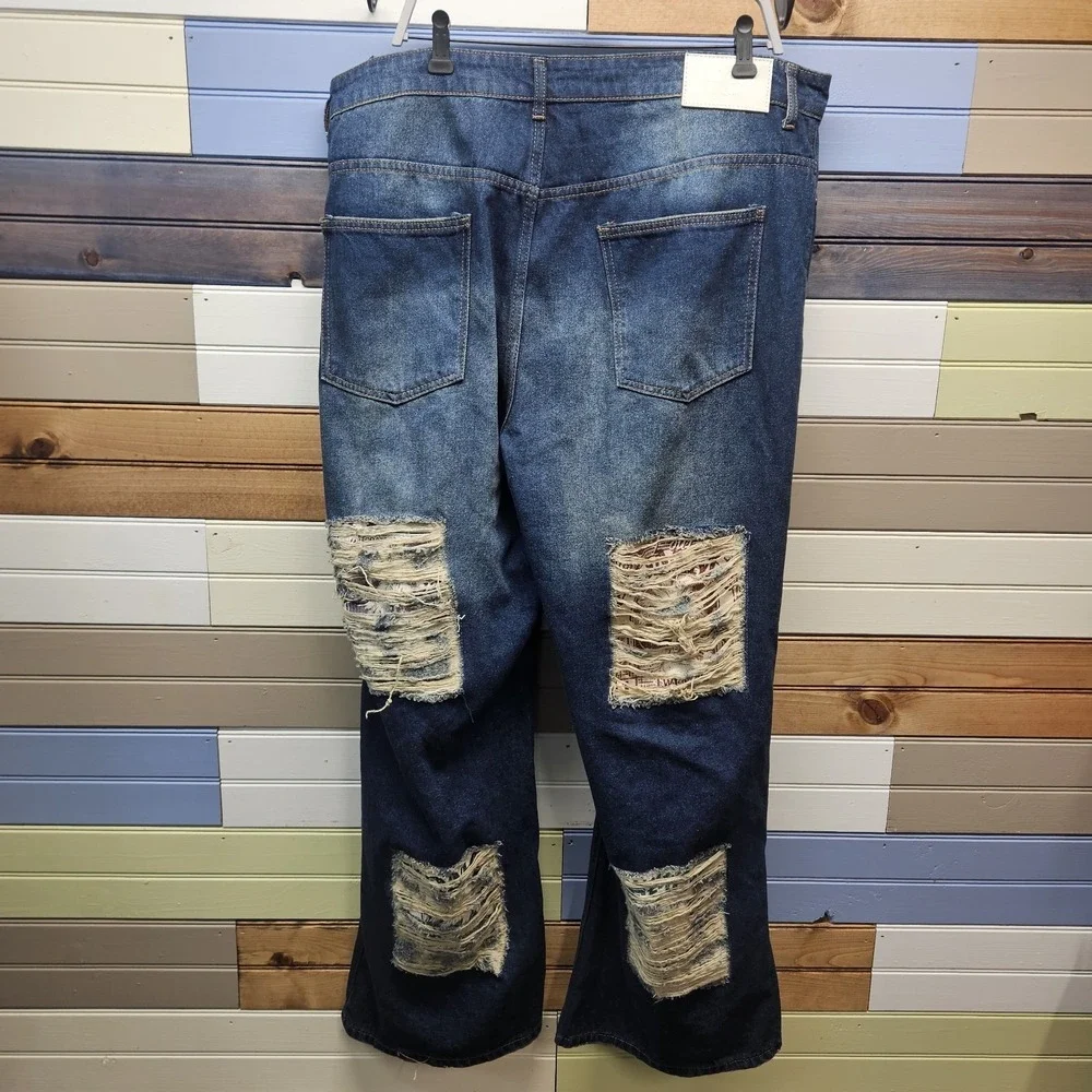 Boohoo Man‎ Ultra Wide Leg Y2K Jeans 40 x 33 Baggy Skater Patches Distressed